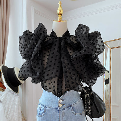 Blusa Coreana con Lunares y Mangas Abullonadas con Volantes - Image 7