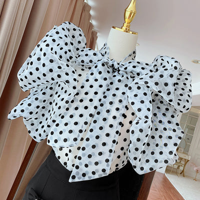 Blusa Coreana con Lunares y Mangas Abullonadas con Volantes - Image 6