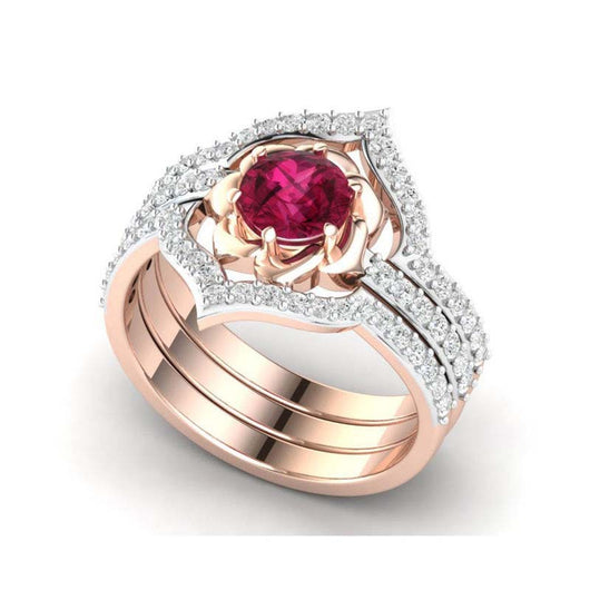 Anillo de Oro Rosado con Rubí y Diamantes - Diseño Floral Europeo