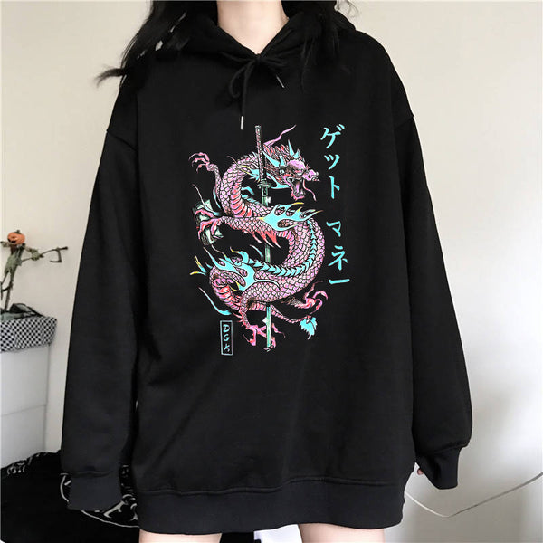 Sudadera Harajuku Dragón Japonés con Letras - Manga Larga Mujer