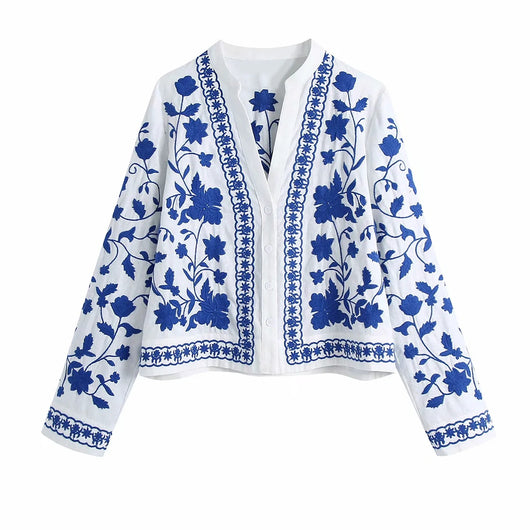 Blusa Retro de Porcelana Azul y Blanco con Bordado Artesanal - Image 10