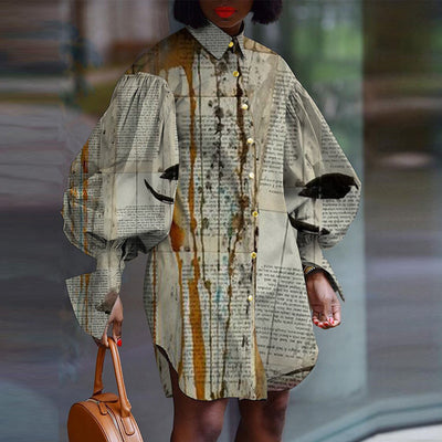 Vestido Camisero Casual con Estampado de Letras y Mangas Farol - Image 9