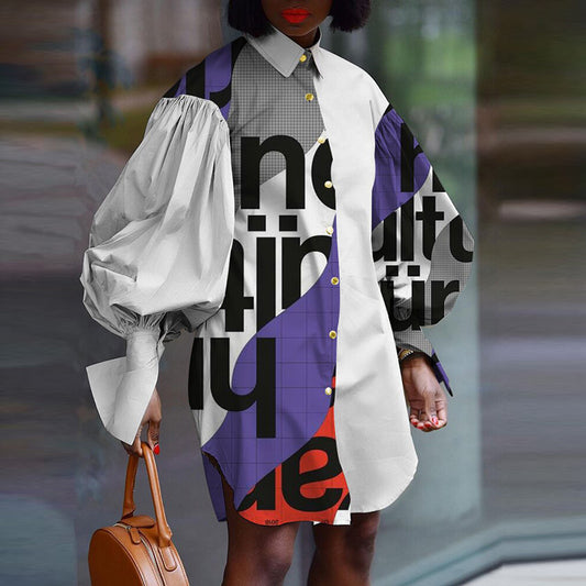 Vestido Camisero Casual con Estampado de Letras y Mangas Farol - Image 2