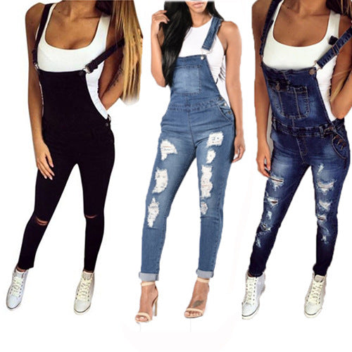 Jumpsuit Denim Desgarrado con Tirantes Dobles para Mujer