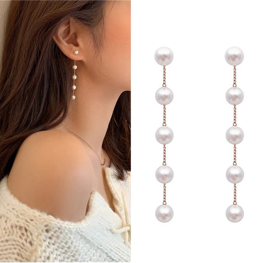 Aretes de Plata con Perlas Largas y Borla de Diseño Minimalista