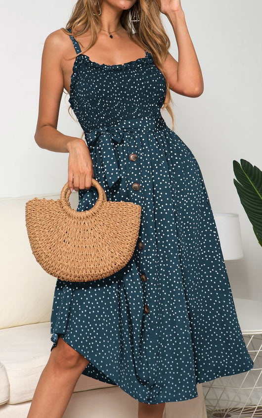 Vestido de Mujer con Lunares Estampados, Encaje Fruncido y Botones - Image 6