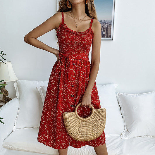 Vestido de Mujer con Lunares Estampados, Encaje Fruncido y Botones - Image 7