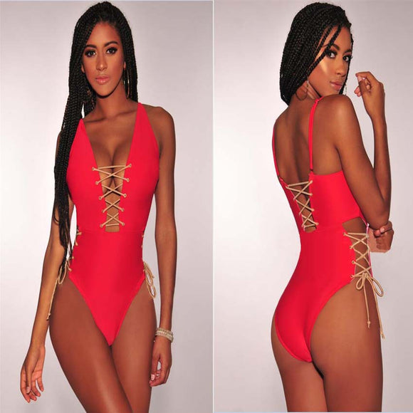 Traje de Baño Enterizo de Encaje en Color Sólido