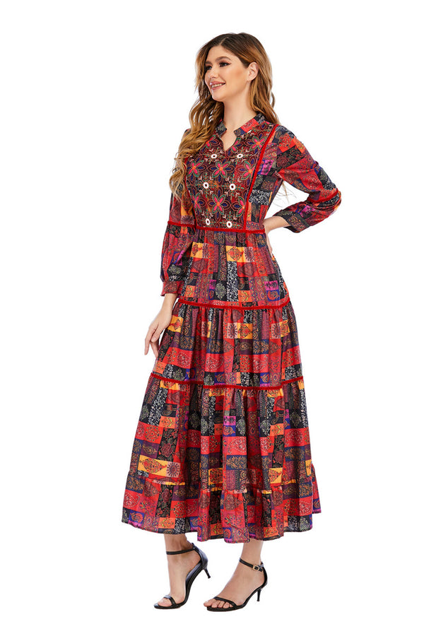 Vestido Étnico Malayo Largo con Manga Larga - Elegancia Tradicional para Mujer