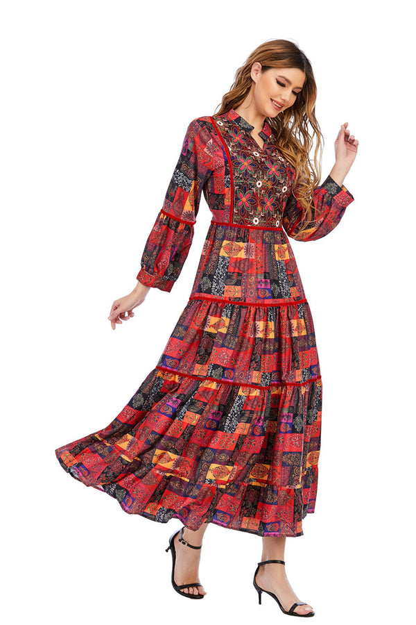 Vestido Étnico Malayo Largo con Manga Larga - Elegancia Tradicional para Mujer