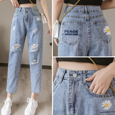 Pantalones Vaqueros Rotos con Bordado de Margaritas - Estilo Cropped Holgado para Mujer - Image 12