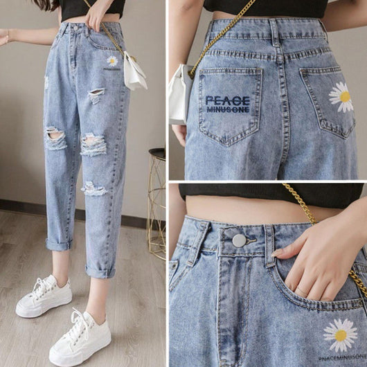 Pantalones Vaqueros Rotos con Bordado de Margaritas - Estilo Cropped Holgado para Mujer - Image 5