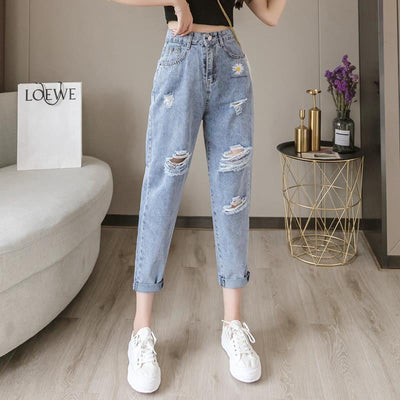 Pantalones Vaqueros Rotos con Bordado de Margaritas - Estilo Cropped Holgado para Mujer - Image 3