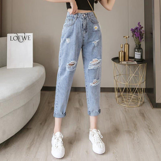 Pantalones Vaqueros Rotos con Bordado de Margaritas - Estilo Cropped Holgado para Mujer - Image 3