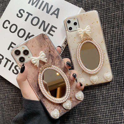 Funda para iPhone con Espejo, Diseño Mármol y Moño con Cristales