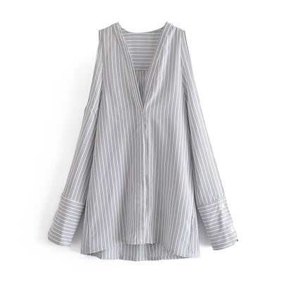Blusa Casual de Rayas con Hombros Descubiertos y Mangas Largas - Image 7