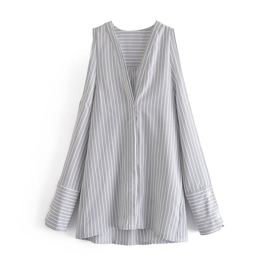 Blusa Casual de Rayas con Hombros Descubiertos y Mangas Largas - Image 7