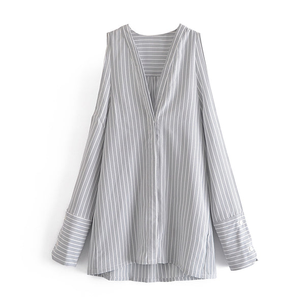 Blusa Casual de Rayas con Hombros Descubiertos y Mangas Largas