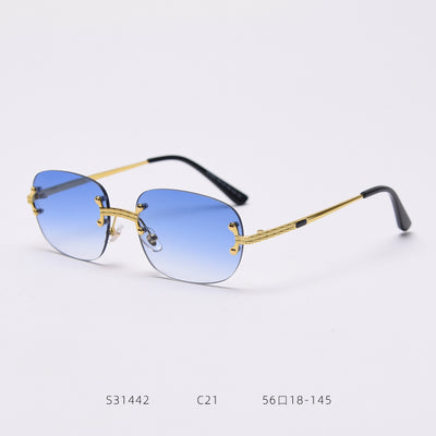 Rimless square sunglasses with gradient orange-red lenses and gold-tone metal temples, featuring textured details. - Image 9