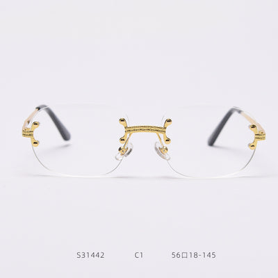 Rimless square sunglasses with gradient orange-red lenses and gold-tone metal temples, featuring textured details. - Image 7