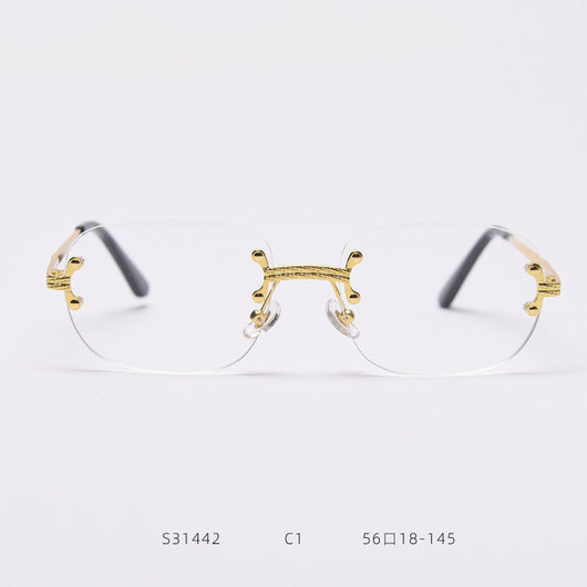 Rimless square sunglasses with gradient orange-red lenses and gold-tone metal temples, featuring textured details. - Image 7