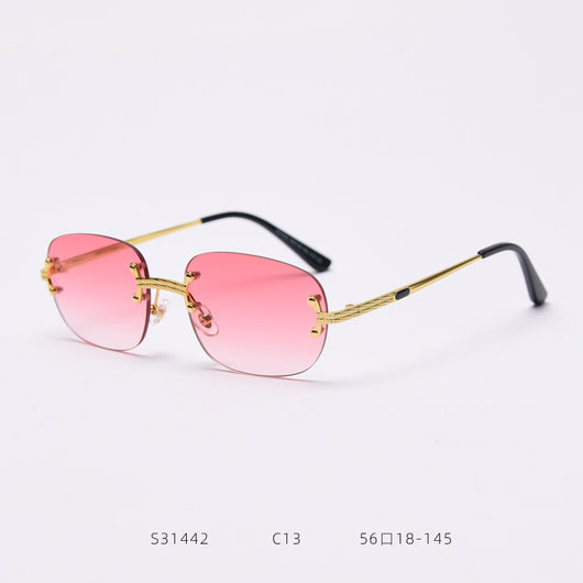 Rimless square sunglasses with gradient orange-red lenses and gold-tone metal temples, featuring textured details. - Image 8