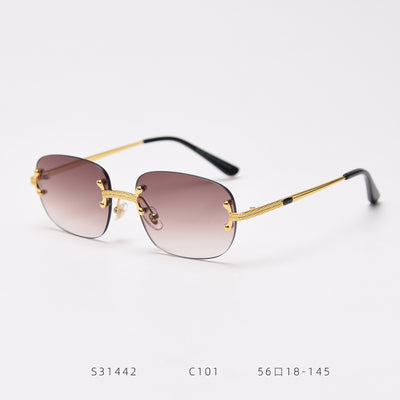 Rimless square sunglasses with gradient orange-red lenses and gold-tone metal temples, featuring textured details. - Image 6