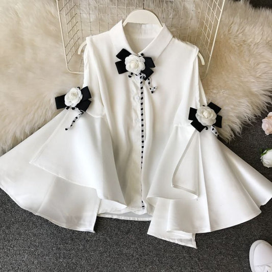 Blusa Elegante de Gasa con Mangas Voluminosas y Cuello Redondo - Image 2