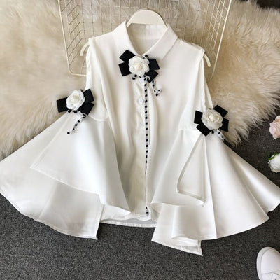 Blusa Elegante de Gasa con Mangas Voluminosas y Cuello Redondo - Image 2