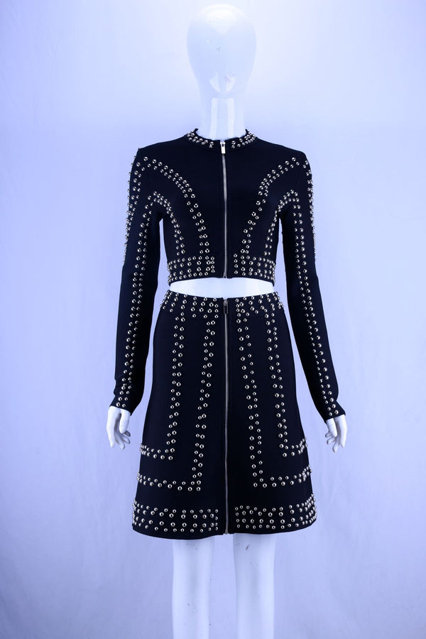 Conjunto Elegante de Falda Ajustada con Cuello Redondo y Mangas Largas