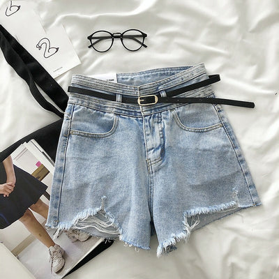 Shorts Denim Rotos Cintura Alta Estilo Coreano Pierna Ancha Retro - Image 8