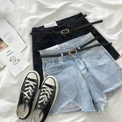 Shorts Denim Rotos Cintura Alta Estilo Coreano Pierna Ancha Retro