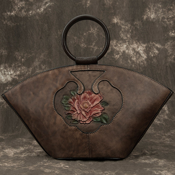 Cartera de Cuero Genuino con Flores Pintadas a Mano y Relieve Artesanal