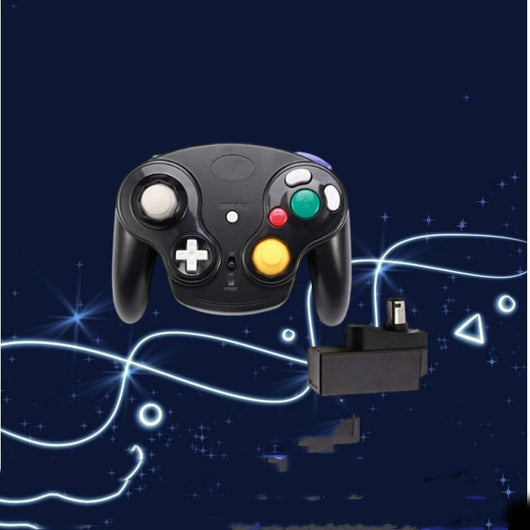 Purple NGC wireless game controller with detailed labels for control stick, D-pad, C-stick, A+B,X+Y buttons, and Start/Pause button.