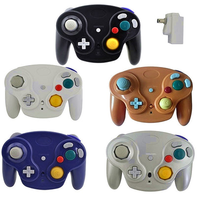 Purple NGC wireless game controller with detailed labels for control stick, D-pad, C-stick, A+B,X+Y buttons, and Start/Pause button. - Image 2