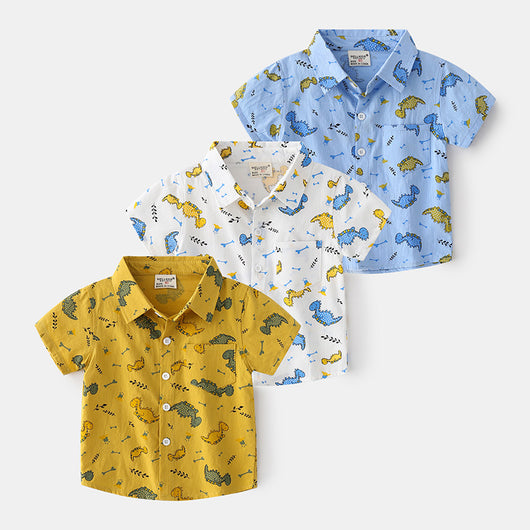 Camisa Infantil de Algodón Estampado - Manga Corta Casual con Cuello Solapa