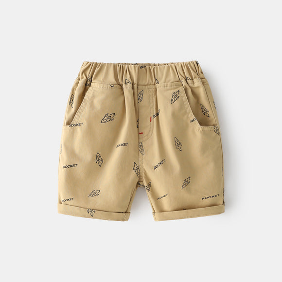 Short Infantil Estilo Coreano com Desenho de Foguete e Padrões de Desenhos Animados