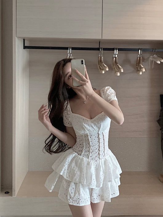 Vestido Blanco Calado Verano Cuello Cuadrado Sexy Elegante - Image 8