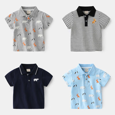 Playera Casual Coreana con Bordado de Caricatura y Cuello Solapa