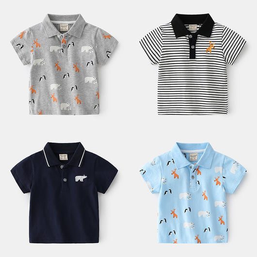 Playera Casual Coreana con Bordado de Caricatura y Cuello Solapa