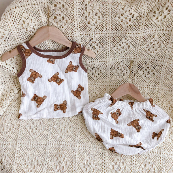 Conjunto de Verano para Bebé - Pijama de Algodón Suave con Osito Cartoon sin Mangas