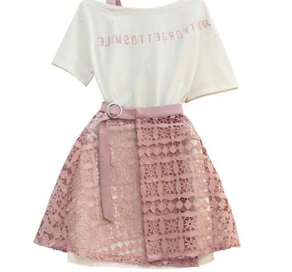 Conjunto Elegante: Camiseta Larga con Falda de Encaje Calado - Image 3