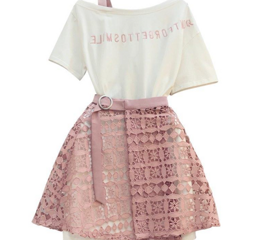 Conjunto Elegante: Camiseta Larga con Falda de Encaje Calado - Image 2