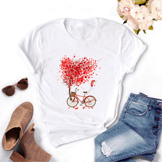 Camiseta Estampada Corazón Floral y Bicicleta para Mujer - Image 13