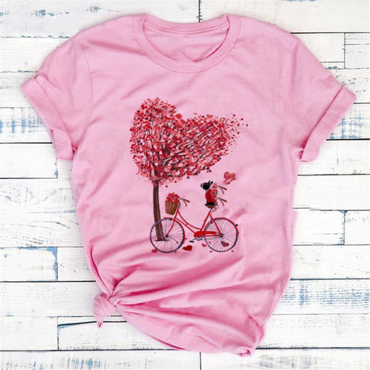 Camiseta Estampada Corazón Floral y Bicicleta para Mujer - Image 7