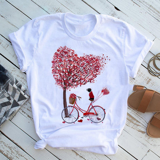 Camiseta Estampada Corazón Floral y Bicicleta para Mujer - Image 6
