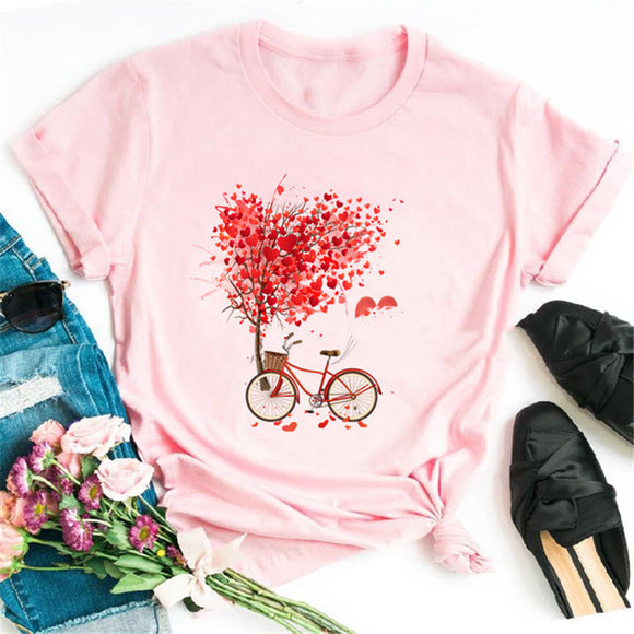 Camiseta Estampada Corazón Floral y Bicicleta para Mujer