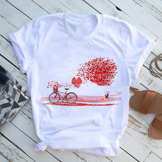 Camiseta Estampada Corazón Floral y Bicicleta para Mujer - Image 4