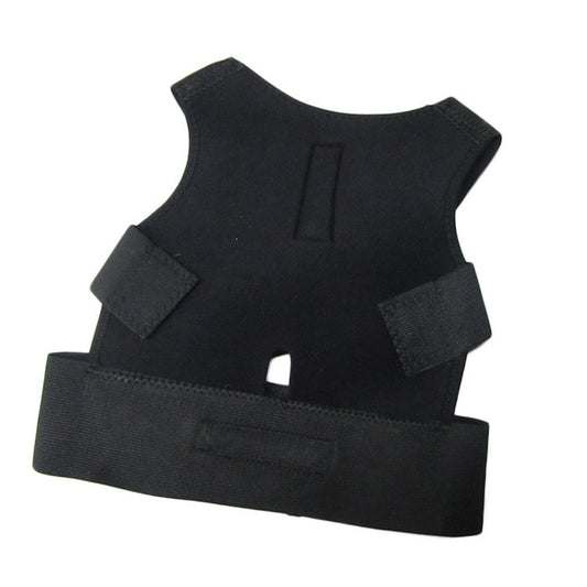 Black fabric posture corrector with shoulder straps and a wide elastic waist band, designed for back support.