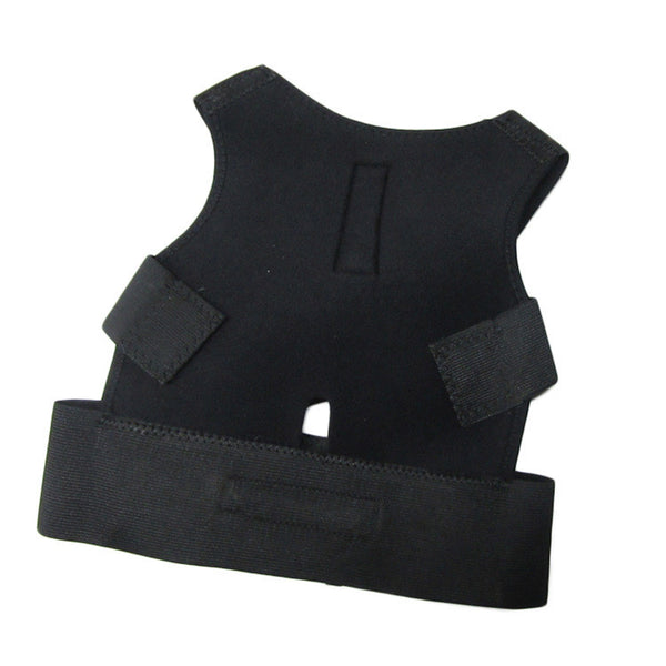 Black fabric posture corrector with shoulder straps and a wide elastic waist band, designed for back support.